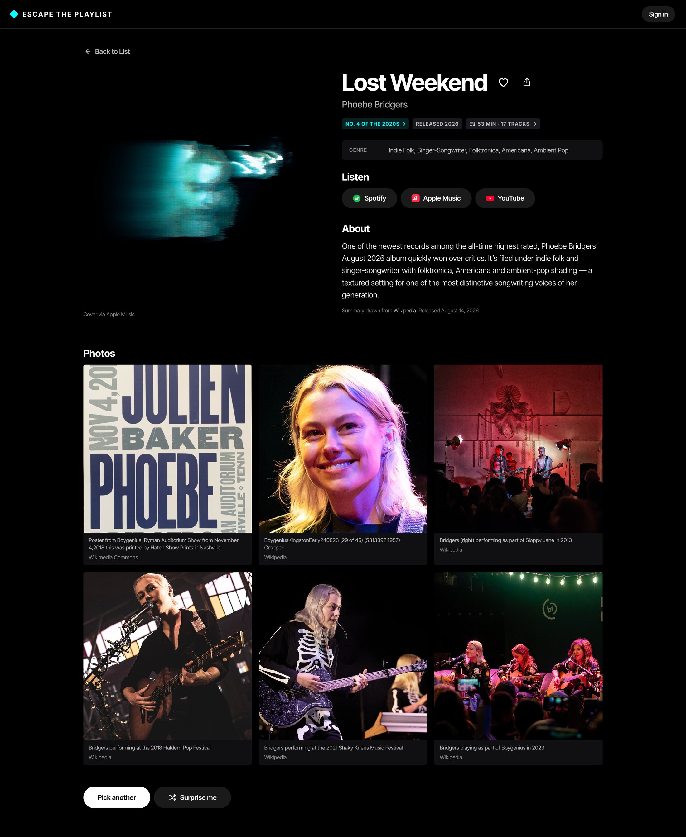 Album page showing the cover, title, artist, decade rank, release year, genres, listening links, summary, and photos