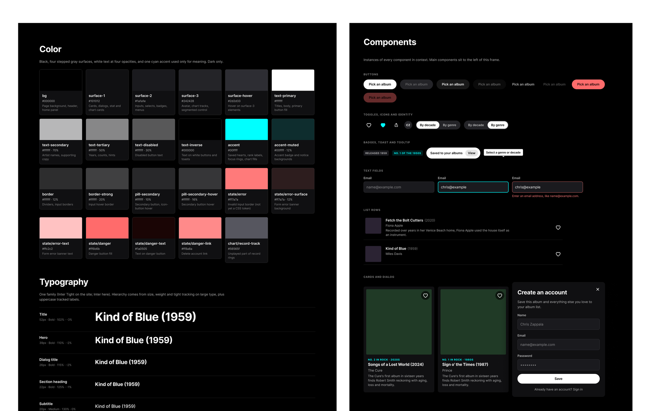 Design system sample showing color tokens, typography scale, and components such as buttons, badges, text fields, list rows, and cards