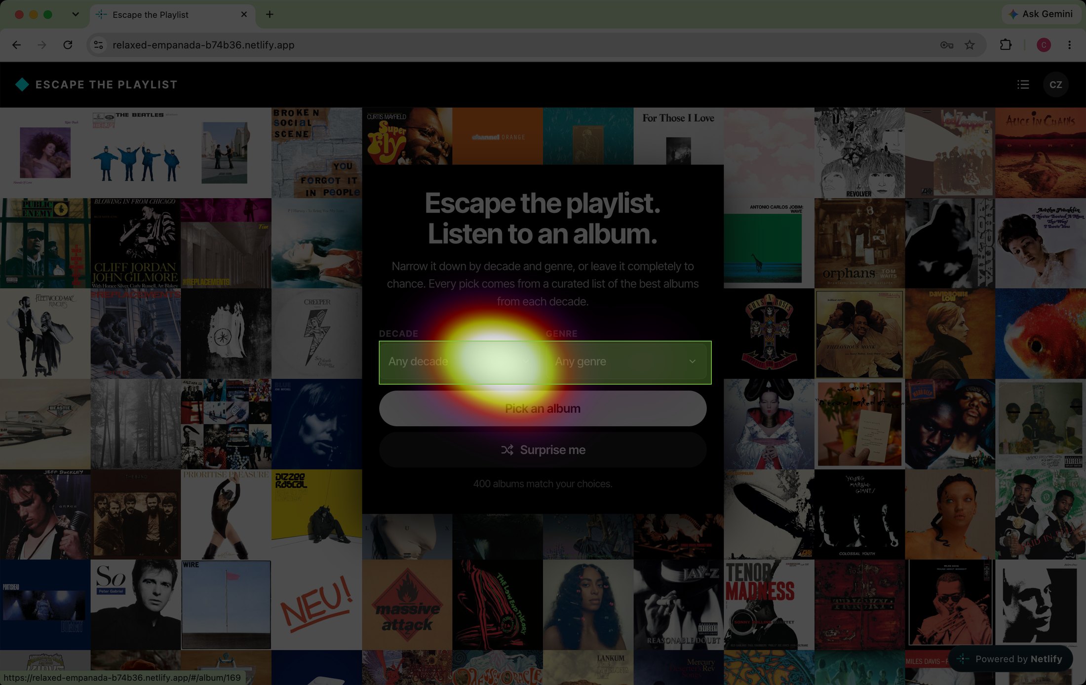 Click heat map of the home page from the navigation test, with clicks concentrated on the decade menu and the Pick an album button