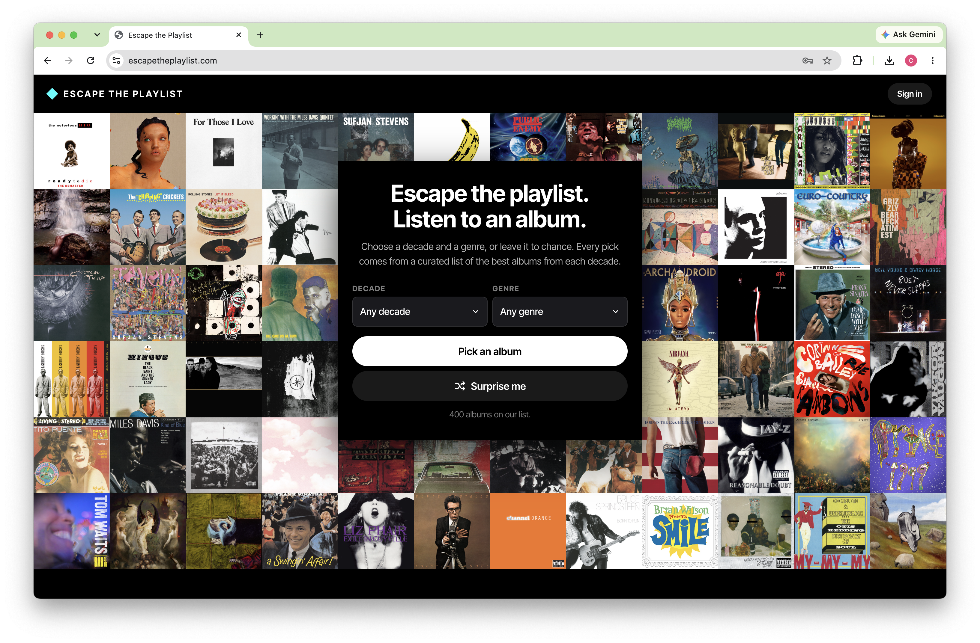 Escape the Playlist home page with decade and genre menus, Pick an album and Surprise me buttons, surrounded by a grid of album covers