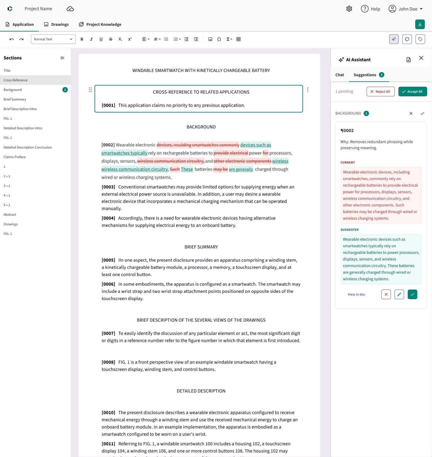 Editable plan document with primary embodiment, comments, inventive concepts, planned figures, and a figure coverage matrix, alongside an AI Assistant panel