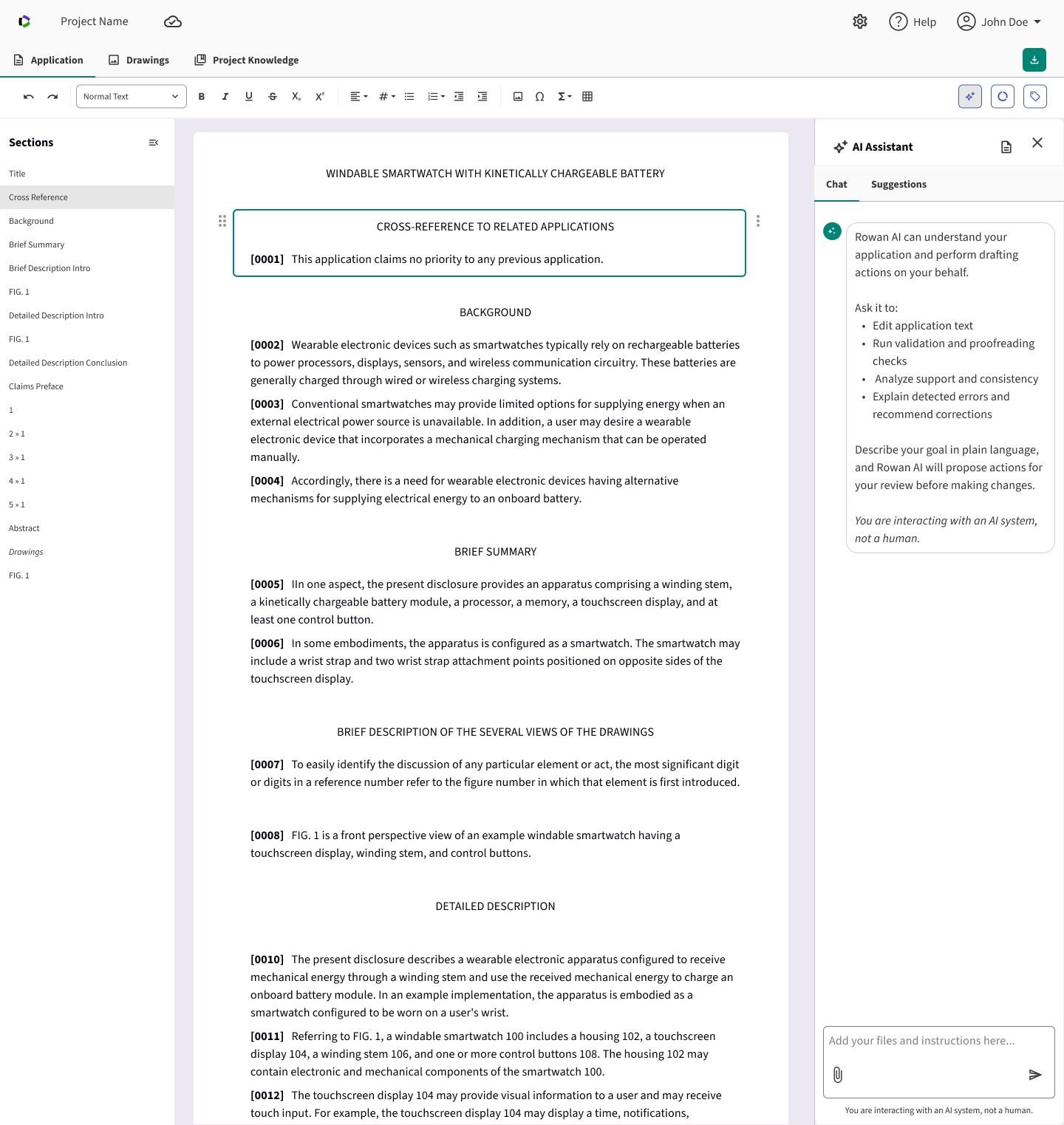 Editable plan document with primary embodiment, comments, inventive concepts, planned figures, and a figure coverage matrix, alongside an AI Assistant panel