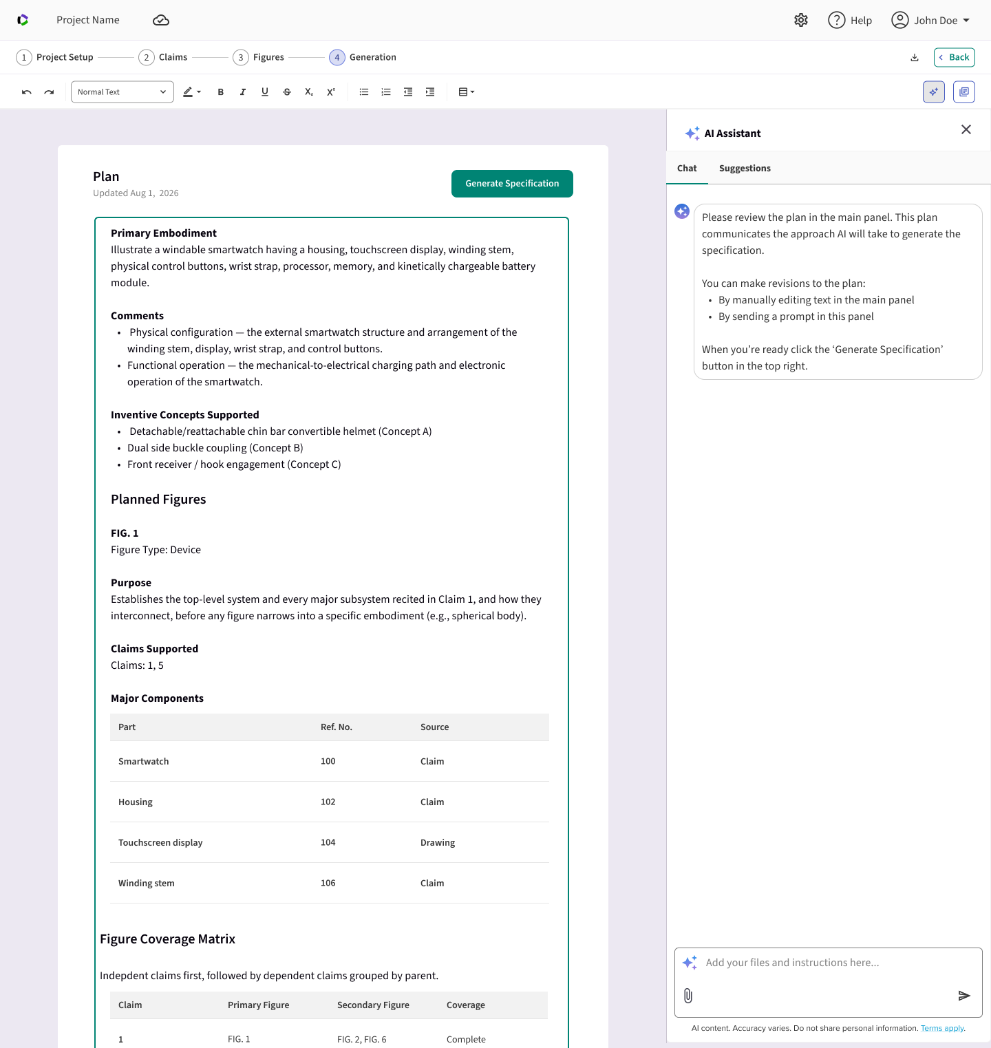 Editable plan document with primary embodiment, comments, inventive concepts, planned figures, and a figure coverage matrix, alongside an AI Assistant panel