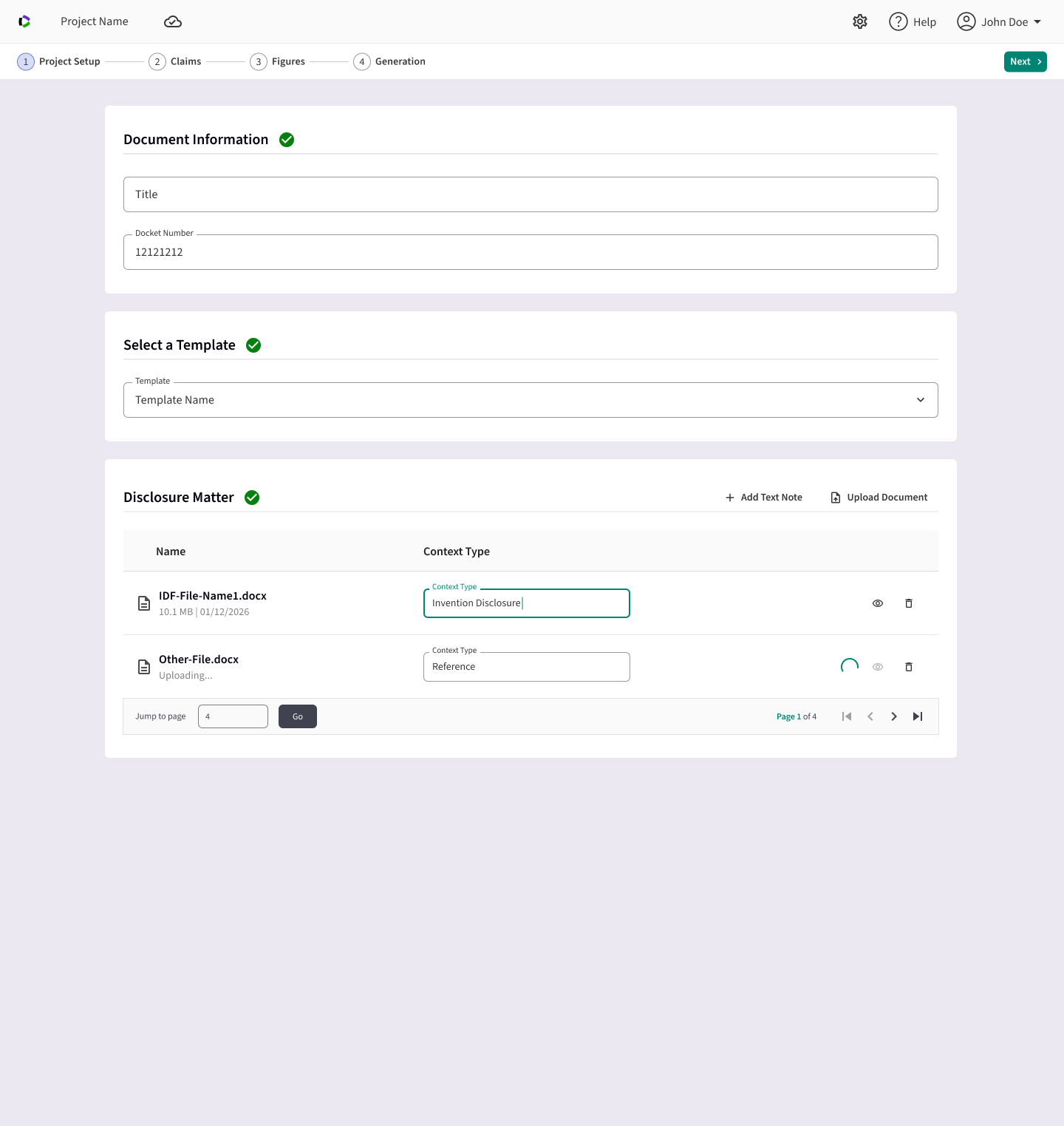 Project setup: Add disclosure matter, select a template, add a title and docket number