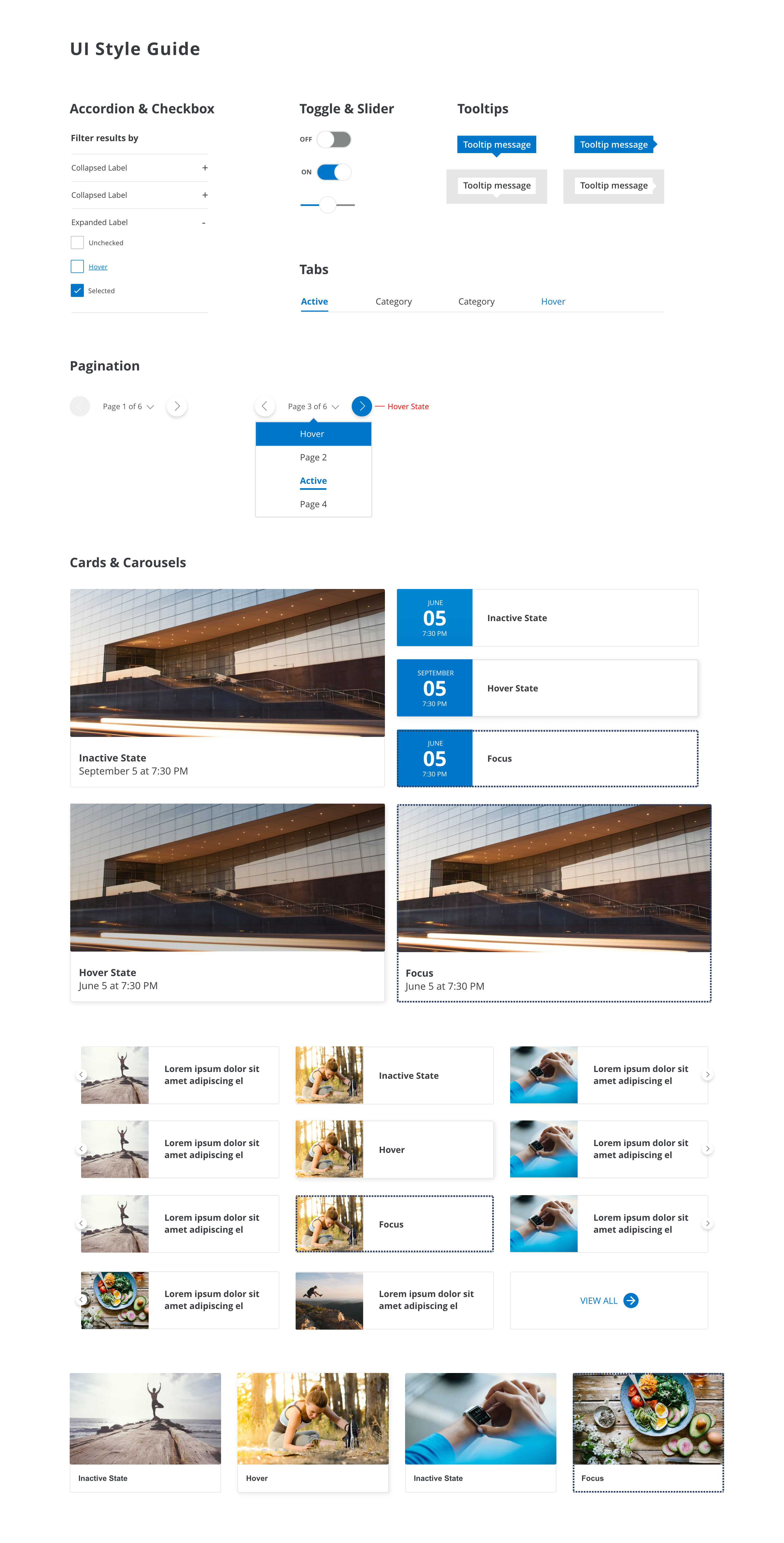 Style guide page showing filter accordions with checkboxes, toggle and slider, tooltips, tabs, pagination with a page dropdown, and image and event cards in inactive, hover, and focus states