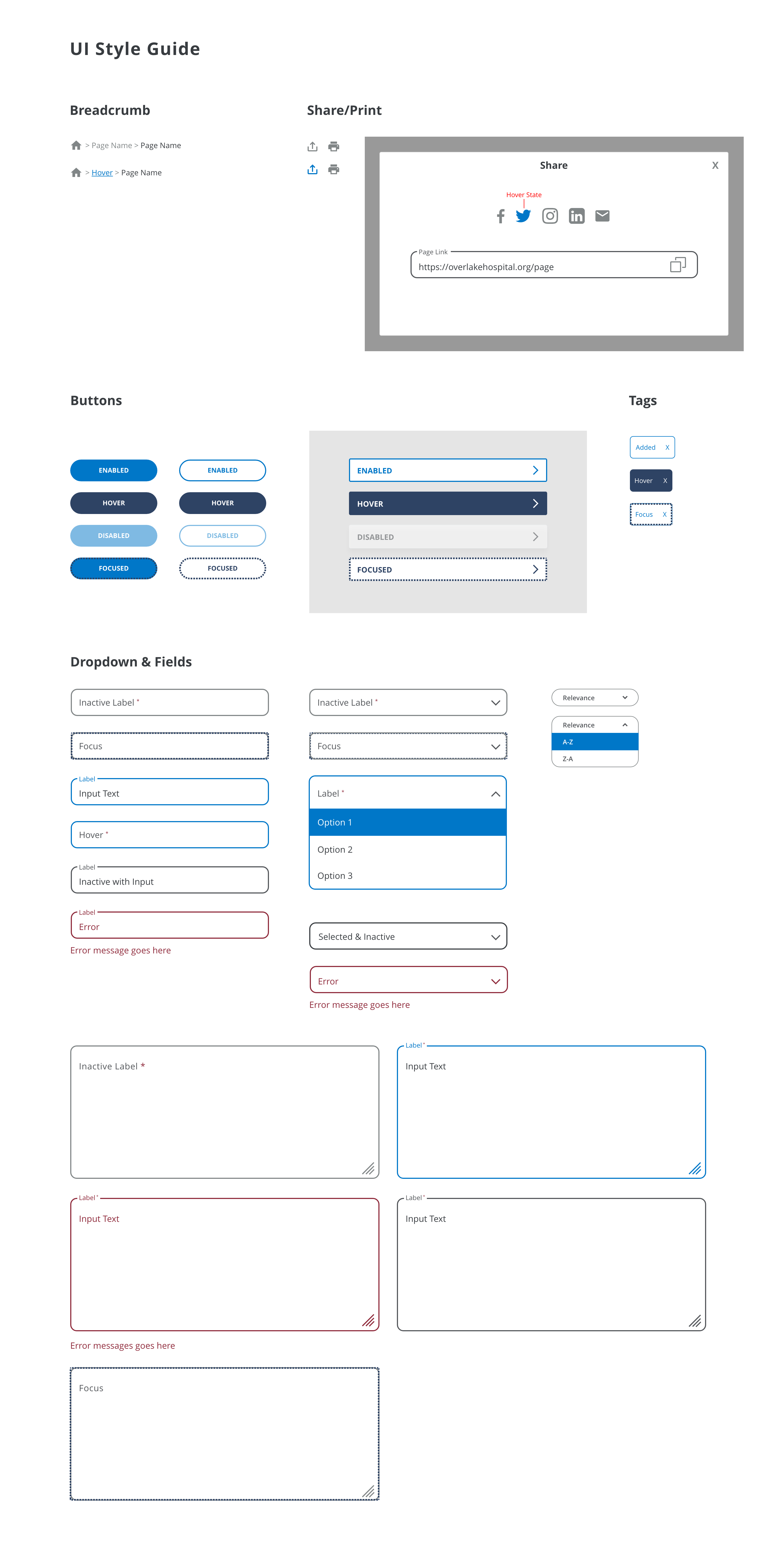 Style guide page showing breadcrumbs, the share and print modal, pill and arrow buttons in enabled, hover, disabled, and focused states, filter tags, and text fields, dropdowns, and text areas in inactive, focus, filled, and error states
