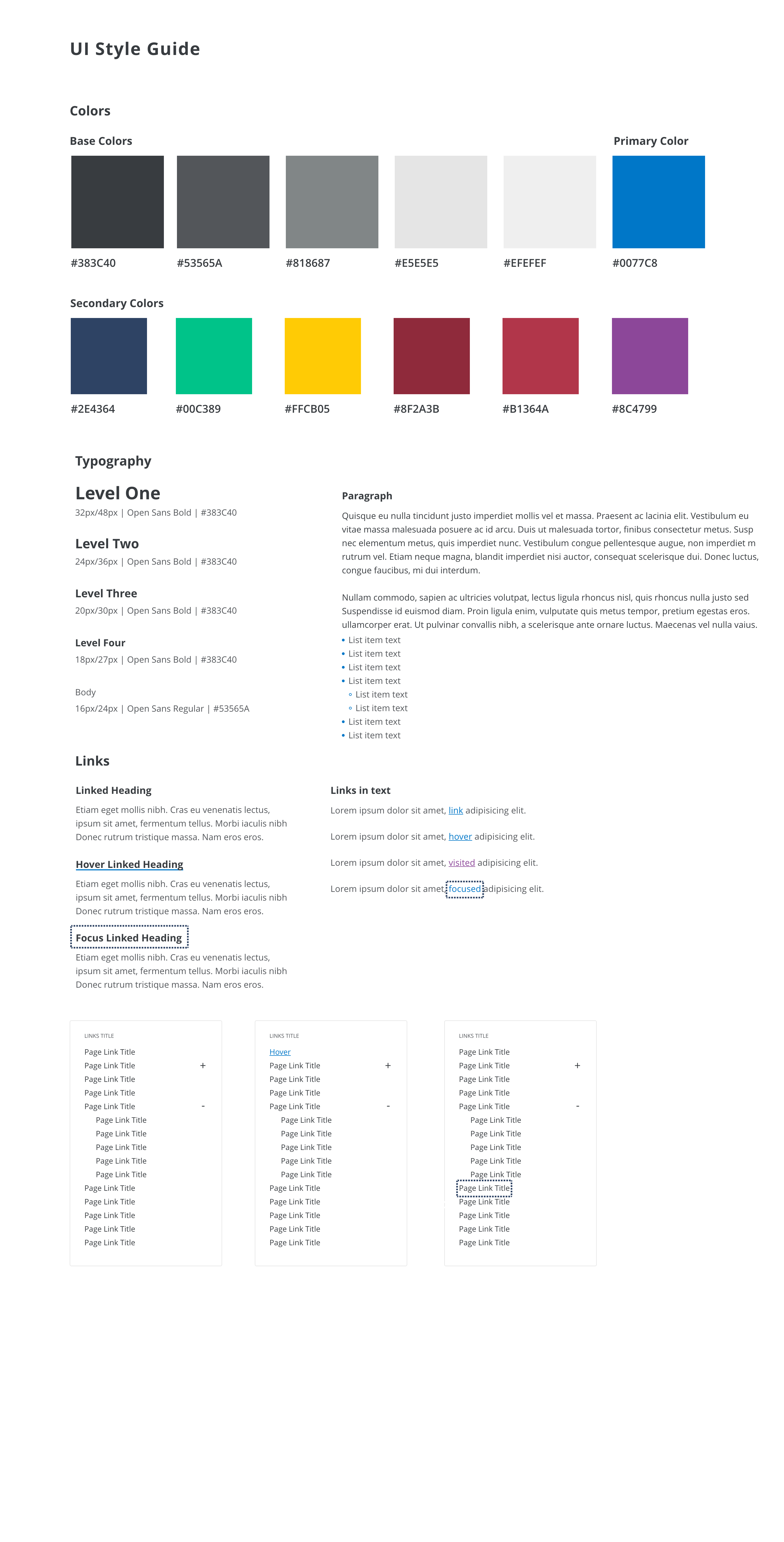 Style guide page showing base, primary, and secondary color swatches with hex values, the Open Sans type scale from Level One to Body, paragraph and list styles, and link states including hover, visited, and focus