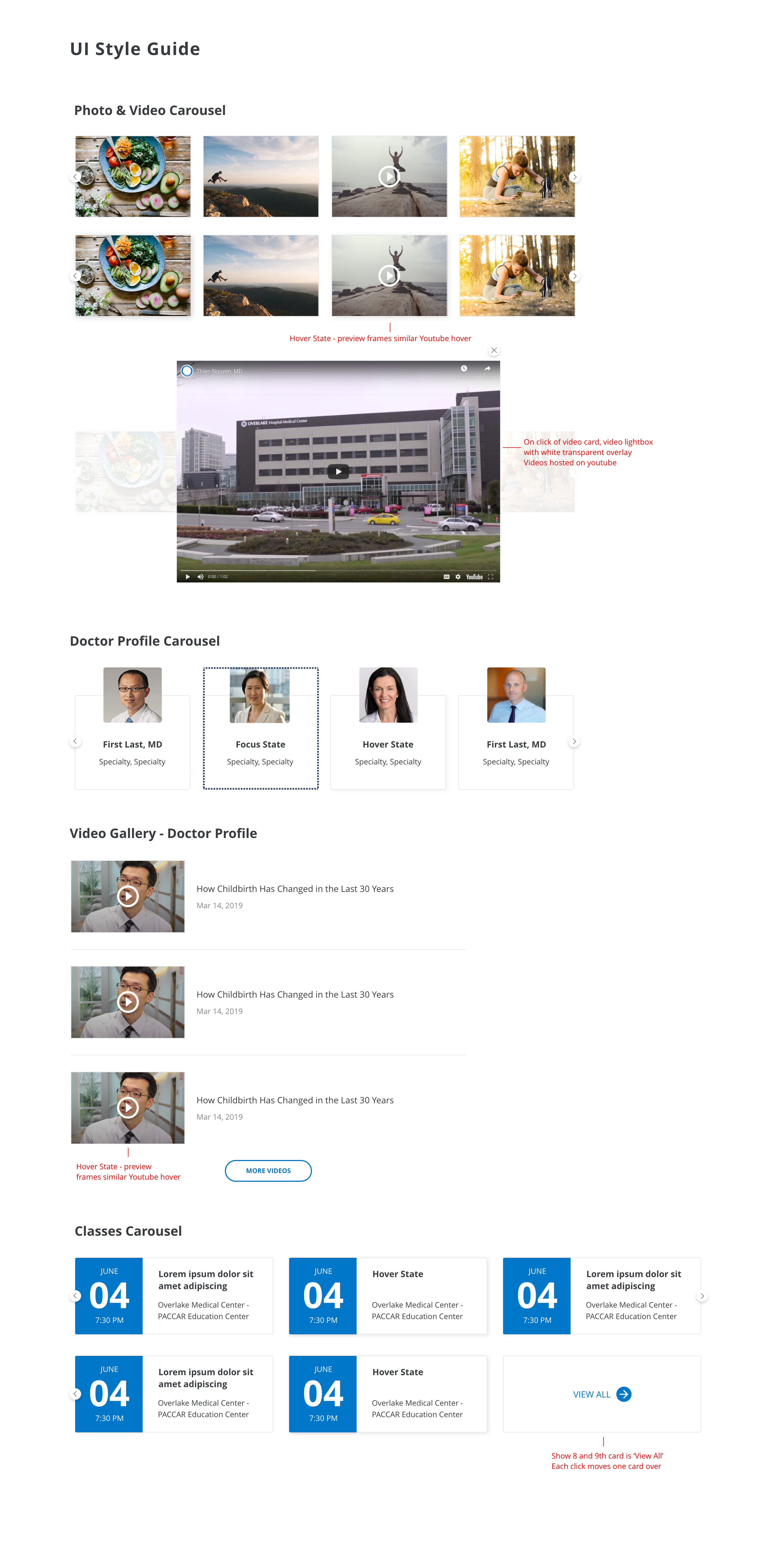 Style guide page showing the photo and video carousel with a video lightbox, the doctor profile carousel, the doctor video gallery, and the classes carousel with date blocks and a View All card
