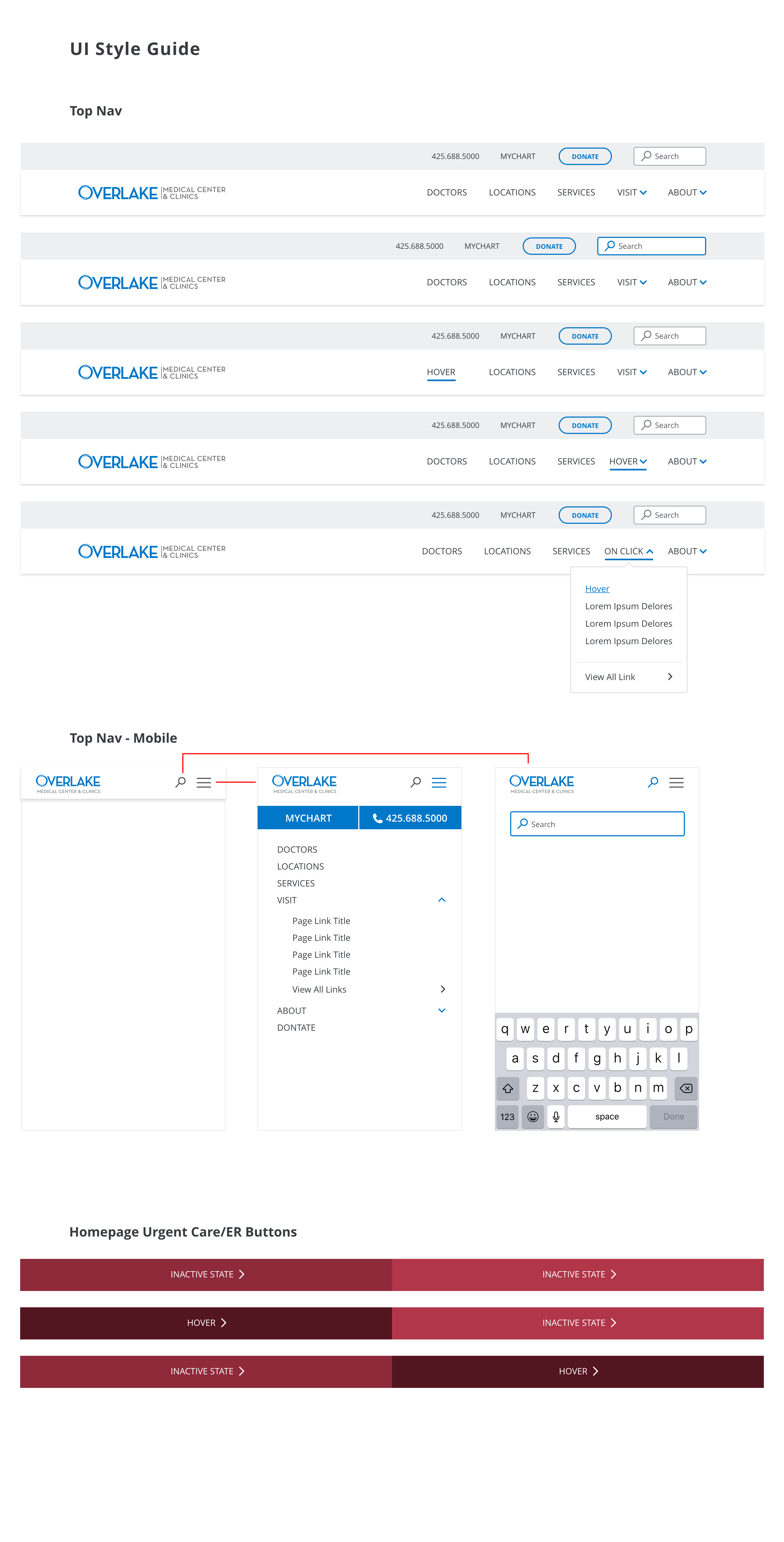 Style guide page showing the desktop top navigation in default, search focus, hover, and dropdown states, the mobile navigation with expanded menu and search, and the homepage Urgent Care and ER buttons